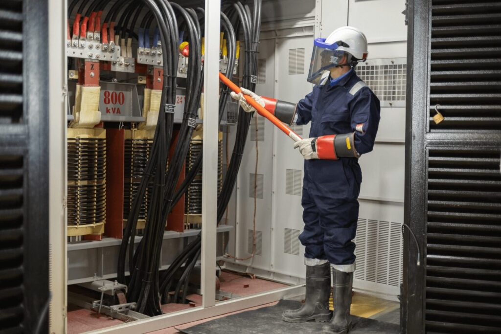 Técnico electricista utilizando pértiga de maniobra en subestación eléctrica con equipo de protección personal completo, cumpliendo normas de seguridad